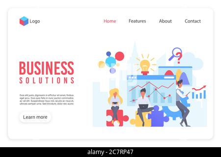 Vorlage für die Zielseite für Business Analytics mit flachen Vektoren. Website-Layout der Website zur Analyse von Datenstatistiken. Analysten Charaktere Teamarbeit, Brainstorming. SEO Marketing Strategie Planung Web Banner Design Stock Vektor