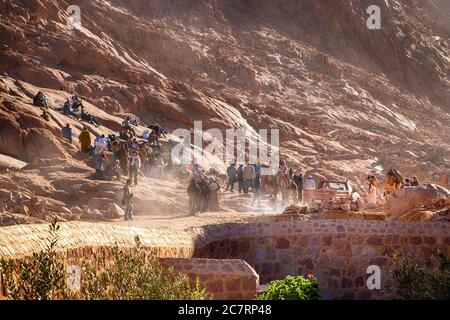 SINAI, ÄGYPTEN - 20. DEZEMBER 2010: Unbekannte warten auf eine Exkursion in der Nähe des Katharinenklosters. Windiges Wetter Stockfoto