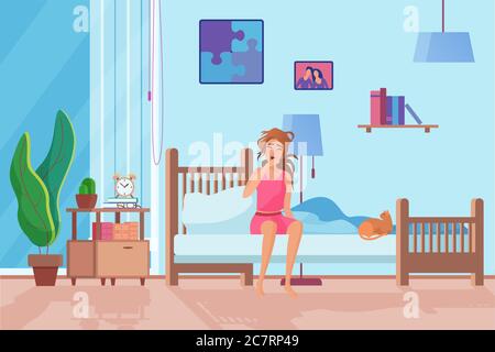 Erschöpft Frau in Morgen flache Vektor-Illustration. Müde Gilr aufwachen, sitzen auf dem Bett. Traurig, deprimiert weibliche Zeichentrickfigur. Unglückliche Frau, rote Katze im Zimmer. Lady Schlafzimmer Inneneinrichtung Stock Vektor