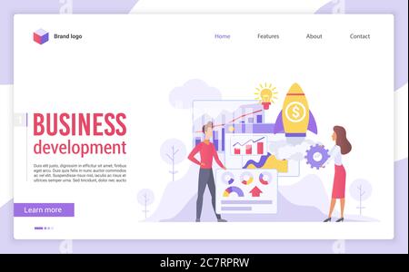 Business Development Flat Landing Page-Vektorvorlage. Erfolgreicher Start Start Website Design Layout. Gewinn steigende Strategien Webseite Cartoon Konzept. Workflow-Optimierung Web-Seite Schnittstelle Stock Vektor