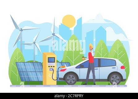 Abbildung des flachen Vektors für alternative Energiequellen. Mann an der Ladestation für Elektroautos Cartoon-Charakter. Umweltfreundliche Technologie, Umweltschutz Konzept. Windturbinen und Solarzellen Stock Vektor