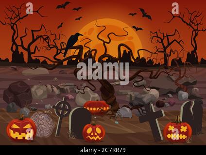 Gruseliger Friedhof flacher Vektor Hintergrund. Gruselige halloween Tapete mit Grabsteinen und Kürbissen. Helloween Gothic Hintergrund. Mystery Friedhof mit Rabe auf Baum und Vollmond Cartoon-Illustration Stock Vektor