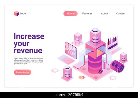 Steigende Einnahmen isometrische Vektor Landing Page Vorlage. Einkommen steigt Website Design Layout. Geld verdienen Möglichkeiten, automatisierte Geschäftsprozesse Web-Seite 3d-Konzept. Benutzeroberfläche der Webseite zur Gewinnstrategie Stock Vektor