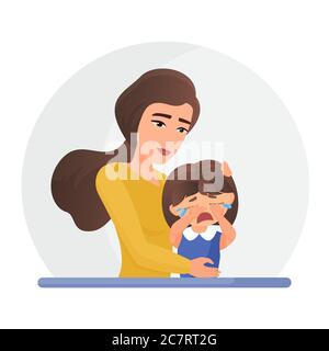 Mutter unterstützt weinende kleine Tochter flache Vektor-Illustration. Psychische Störung, Psychotherapie Konzept. Mama Trost traurig Mädchen Cartoon-Figuren. Frau tröstend verärgert Kind Stock Vektor