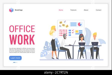 Vektorgrafik Büro Arbeit flach. Layout der Website für Geschäftstreffen. Workplace Teamwork Web-Seite Cartoon Konzept. Professionelle Mitarbeiter. Webseitenoberfläche des Workflow-Prozesses des Unternehmens Stock Vektor