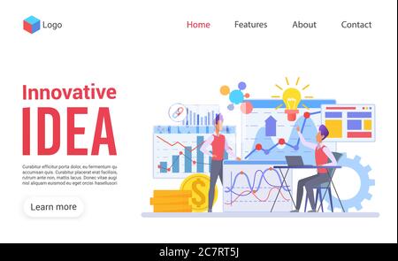 Innovative Idee flache Vektor Landing Page Vorlage. Design der Business Solutions Website. Start-up Entwicklung Web-Seite Konzept. Geschäftsstrategie, Gewinn erhöhen Webseitenoberfläche Stock Vektor