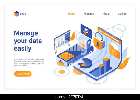 Einfache Datenverwaltung isometrischer Vektor Landing Page Vorlage. Layout der Gerätesoftware-Website. Datenbank, Datenspeicherserver Webseite 3d Konzept. Benutzeroberfläche der Webseite für die Verwaltung persönlicher Einstellungen Stock Vektor