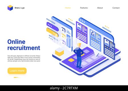 Vektorvorlage für die Zielseite für Online-Rekrutierung. Arbeitsagentur Website Homepage Interface Layout mit isometrischer Illustration. Internet-Jobsuche-Plattform, HR-Software Web-Banner 3D-Konzept Stock Vektor