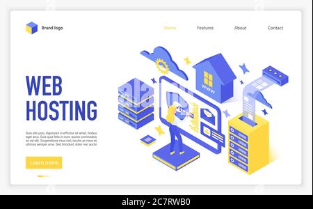 Webhosting-Vektorvorlage für Landing Page. Website-Support-Service Homepage-Interface-Layout mit isometrischer Illustration. Internet-Business. Online-Datenbank Fernzugriff Webseite 3D-Konzept Stock Vektor