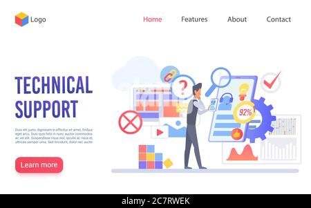 Technische Unterstützung flache Vektor Landing Page Vorlage. Kundenservice, Layout der Homepage des Call Centers. IT-Ingenieur Betreiber männlichen Zeichentrickfigur. Webbanner für den Helpdesk des Technikers Stock Vektor