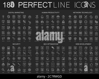 180 moderne dünne Linien-Symbole auf dunkelschwarzem Hintergrund gesetzt. Digitales Marketing, menschliche Produktivität, Netzwerktechnologie, Cyber-Sicherheit, SEO-Optimierung, Web-Entwicklung Stock Vektor