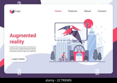 Vektorvorlage für die Zielseite für Augmented Reality. Game Experience Website Interface Idee mit flachen Illustrationen. Layout der interaktiven Medienhomepage. Digitale Welt Web-Banner, Website Cartoon-Konzept Stock Vektor