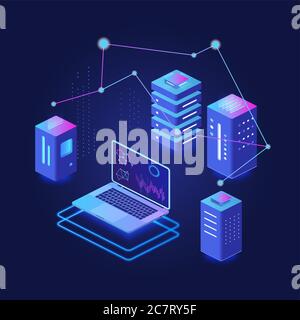 Darstellung des dunklen isometrischen Vektorgrafikes für die Verarbeitung von Big Data. Digitale Informationsverteilung. Computernetzwerke. Hosting und Server. Virtuelle Plattform. Datenbank Cartoon konzeptionelle Design-Element Stock Vektor