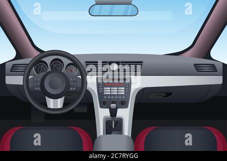 Automobil schwarz und rot Innenraum Vektor-Illustration. Bedienfeld und Windschutzscheibe von den Vordersitzen aus. Armaturenbrett und Lenkrad im Auto. Innenansicht des Fahrzeugs mit mechanischem Getriebe Stock Vektor