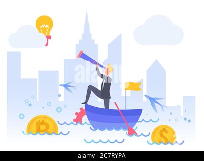 Business Vision flache Vektordarstellung. Suche nach Unternehmensmission. Finanzprognose. Ökonomische Forschungsvisualisierung. Entscheidungsfindung, vorausschauend. Geschäftsmann Cartoon-Figur Stock Vektor