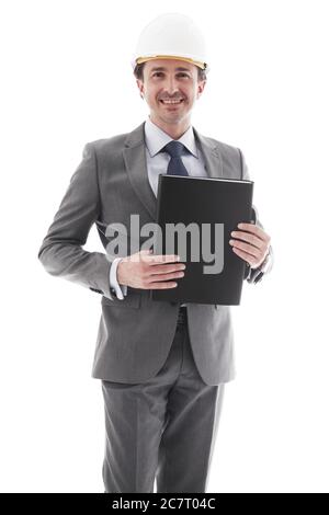 Junge Geschäftsmann in Anzug und Bau Hardhut isoliert auf weißem Hintergrund Stockfoto