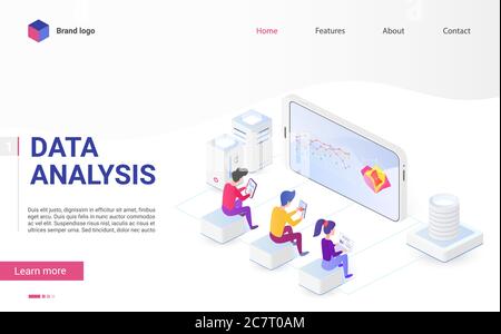 Datenanalyse und Visualisierung isometrische Landing Page Vektor Vorlage. Usability-Tests und Benutzererfahrung. Big Data, IT-Branche, Statistiken, Web-Analyse, Website-Traffic Webseite Design Layout Stock Vektor