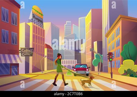 Frau zu Fuß Hund in der Stadt flache Vektor-Illustration. Abendliche Stadtlandschaft. Menschenleere Straße. Weibliche ccarmicoon Figur Kreuzung Straße mit ihrem Haustier bei Sonnenuntergang. Stadtlandschaft mit Skysrapers Hintergrund Stock Vektor