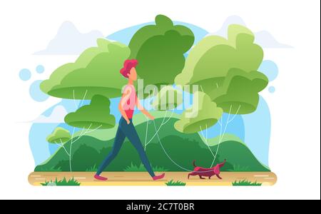 Junger Mann Walking Hund flache Vektor-Illustration. Kerl mit Dackel an der Leine Cartoon-Figur. Tierliebhaber Routine, frische Luft Freizeit. Haustiere auf Spaziergang im Park mit Hund Stock Vektor