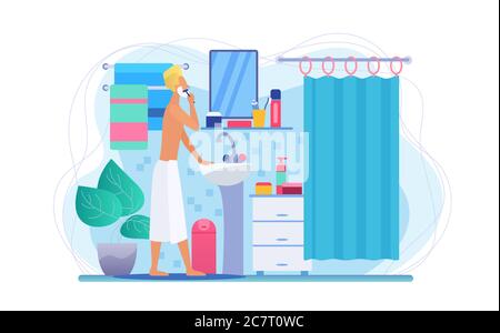 Mann im Badezimmer flache Vektor-Illustration. Gesichtslose männliche Charakter Rasur. Morgens Gesicht Hautpflege Routine. Mann in Badetuch. Konzept der persönlichen Hygiene. Badezimmerausstattung. Verfahren zur Pflege Stock Vektor