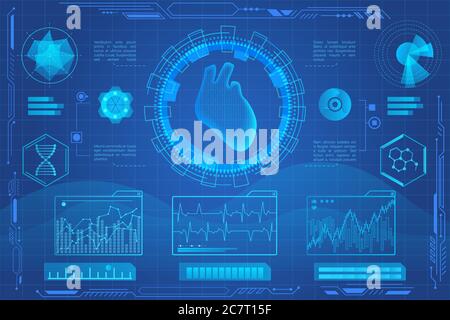 Human Heart futuristische medizinische Hologramm Vektor-Illustration. Schnittstelle für virtiale Realität im Herzmodell-Screening. Diagramme, Tortendiagramm Infografiken. vr und ar Medizin und Gesundheitswesen Symbole Stock Vektor
