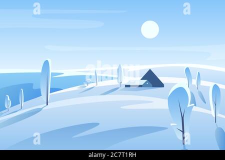 Winter malerische Landschaft Vektor Illustration. Haus auf verschneiten Hügel in sonnigen Tag. Ländliche Gegend. Landschaft im Winter. Frostiger Blick auf die Natur mit Bäumen. Winterzeit Outdoor-Szene. Saisonaler Hintergrund Stock Vektor