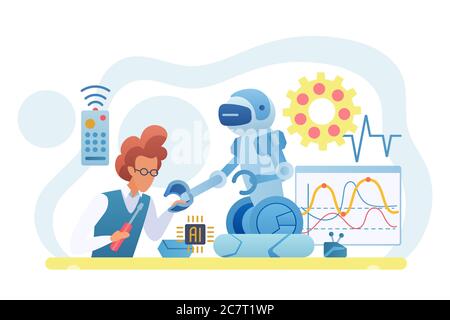 Wissenschaftler erstellen Roboter flache Vektor-Illustration. Ingenieur, der an Robotertechnologie arbeitet. Mann, der intelligente Maschine baut. Männlicher Charakter Konstruktion Roboter Gerät. Konzept der künstlichen Intelligenz Stock Vektor