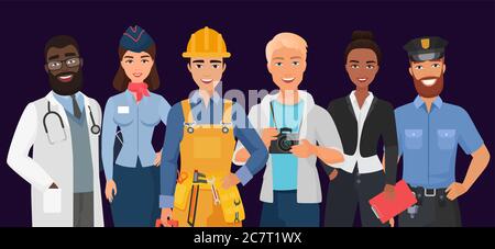 Collection of men and women people workers of various different occupations or profession wearing professional uniform set. Doctor, stewardess, builder, photographer, business woman, police officer Stock Vektor