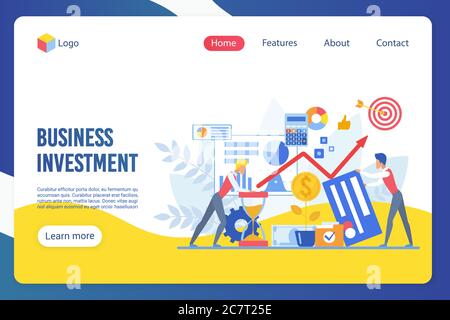 Vektorvorlage für flache Landing Page für Unternehmensinvestitionen. Geschäftsleute, Investoren gesichtslose Charaktere. Unternehmertum, profitables Geschäft, Geschäftsanteil, Einkommen empfangen Web-Banner Homepage Design-Layout Stock Vektor