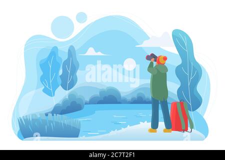 Mann Reisende mit Fernglas flache Vektor-Illustration. Natur Liebhaber Cartoon-Figur. Mann, der Landschaft in kalten Wintertag. Wildbeobachtungen, Reisen. Fluss, Wald, See Stock Vektor