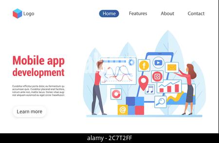Entwicklung von mobilen Apps Vektor-Landing-Template-Design. Gesichtslose cCartoon-Figuren Gebäude Anwendungen. Teamarbeit. Software-Programmierkonzept. Flache Abbildung der Codierung. Web-Banner für kreative Prozesse Stock Vektor