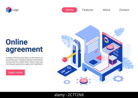 Online-Vertragsvektor isometrische Landing Page-Vorlage. Elektronische Vertrag Website Homepage Interface Layout. Digitales Angebot. Verifizierung, Smart Document. E Signatur Webbanner, Webpage 3D Konzept Stock Vektor