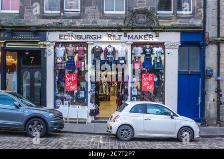 Edinburgh Kiltmakers Geschenkladen auf Grassmarket historischen Marktplatz in Edinburgh, der Hauptstadt von Schottland, Teil von Großbritannien Stockfoto