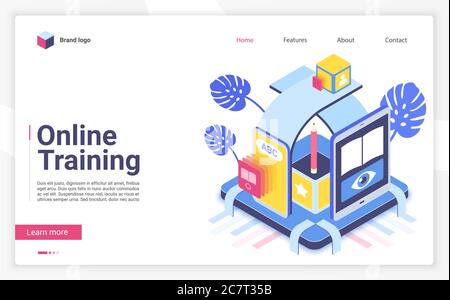 Online-Schulungsvektor isometrische Landing Page-Vorlage. E Learning Website Homepage Interface Layout. Fernbildung. Internetkurse. Remote Studieren Web-Banner, Webseite 3D-Konzept Stock Vektor