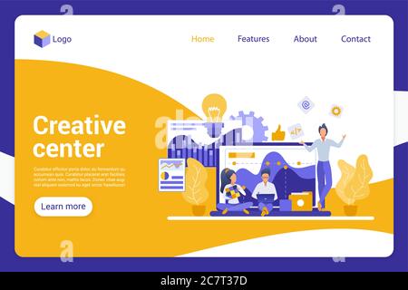 Vorlage für flache Landing Page-Vektorvorlagen für Creative Center. Abteilung des Unternehmens, Werbeagenten gesichtslose Zeichen. Teamarbeit, Ideengenerierung, Social Media Werbung Web Banner Homepage Design Layout Stock Vektor