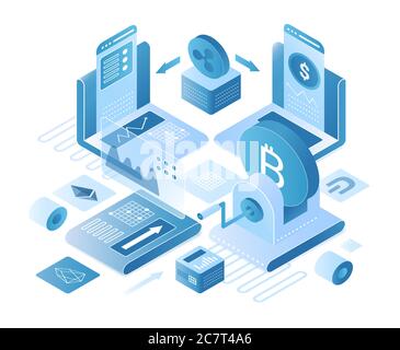 Kryptowährung Exchange Plattform isometrische Vektor-Illustration. Online-Digital-Service für Währungsanhaber. Blockchain-Technologie, Internet-Banking. Global Trading Cartoon konzeptionelles Design Element Stock Vektor