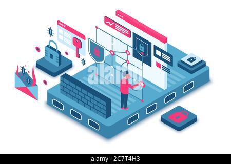 Isometrische Vektordarstellung für Cyber-Sicherheit. Autorisierung und Authentifizierung. Mann entsperren Konto mit Touchscreen. Sicherheit von privaten Benutzerdaten. Safe System Cartoon konzeptionelle Design-Element Stock Vektor