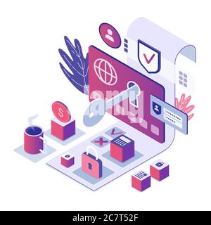 Abbildung des isometrischen Vektorgrafiks für die Kreditkartensicherheit. Elektronischer Handel mit Cybersicherheit. Internetkonto für Kryptowährung mit Sperre. Sicheres Online-Banking Cartoon konzeptionelles Design Element Stock Vektor