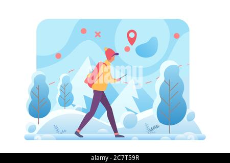 Winter Wandern flache Vektor-Vorlage. Trekking-Tour und Wandertourismus in kalten Winterbergen Cartoon-Konzept. Aktivitäten im Freien. Mann, der im Wald mit Navigation läuft Stock Vektor