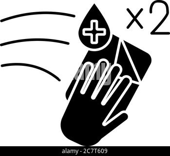 Wischen Sie zweimal Regel schwarz Glyph Symbol. Desinfektionsmethode, Anleitung zur Oberflächenreinigung, Hygiene-Silhouette-Symbol auf weißem Raum. Antibakterielles Gewebe, anti Stock Vektor