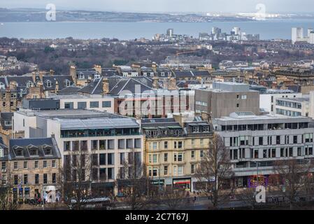 Luftaufnahme von der Esplanade des Schlosses in Edinburgh, der Hauptstadt von Schottland, Teil von Großbritannien Stockfoto