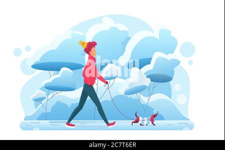 Junger Mann zu Fuß mit Hund im Winter Park flache Vektor-Illustration. Kerl mit Dackel. Tierliebhaber Routine, frische kalte Luft Freizeit. Haustiere auf Spaziergang im Park mit Hund. Stock Vektor