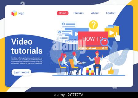 Video-Tutorials flache Landing Page Vektor-Vorlage. Online-Studenten, Lernende, Internet-Nutzer gesichtslose Zeichen. Online-Kurs, Leitfaden, Video Master Class Web Banner Homepage Design Layout Stock Vektor