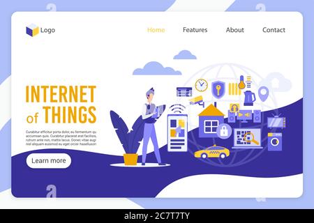 Vorlage für Vektorvorlagen für Zielseiten für das Internet der Dinge. Männlicher Programmierer, Software-Entwickler gesichtslosen Charakter. Innovative Technologie, intelligente Stadt, High-Tech-Web-Banner Homepage Design-Layout Stock Vektor