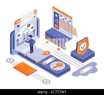 Isometrische Vektordarstellung für die Netzwerksicherheit. Männlicher Benutzer, der das Passwort eingibt. Persönliche Informationen sicher Upload auf System. Cloud-Datenspeicher. Cybersecurity Cartoon konzeptionelle Design-Element Stock Vektor