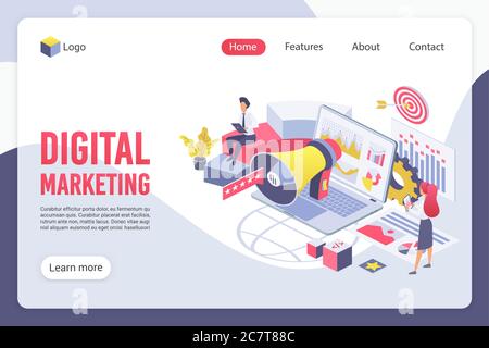 Digital Marketing isometrische Landing Page Vektor Vorlage. Promoters gesichtslose Zeichen. Social Network Promotion, E-Commerce, Internet Business Development Web Banner Homepage Design Layout Stock Vektor