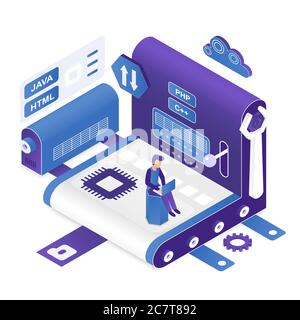 Programmierung der isometrischen Vektordarstellung. PC-Hardware-Engineering. Codierer männlich. Schulungsplattform für Softwareentwicklung. Optimierung, Hacking. Computer-Technologie Cartoon konzeptionelle Design-Element Stock Vektor