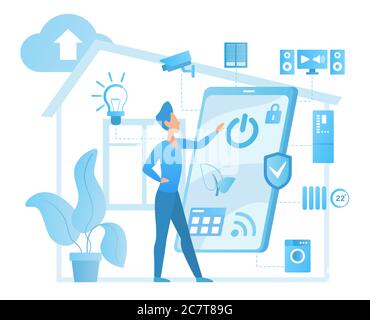 Smart Home flache Vektorgrafik. Innovative Technologie. Drahtlose Steuerung für das Haus. Elektronisches System für Wohnung der Zukunft. Smartphone-App für den Zugriff auf das automatisierte System. Mann Cartoon-Figur Stock Vektor