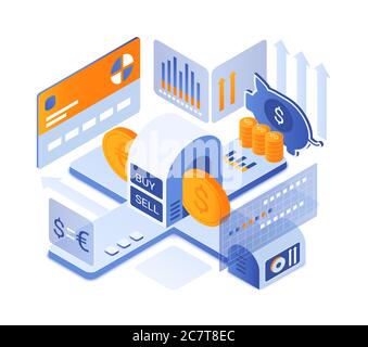 Isometrische Vektordarstellung der Börse. Elektronische Geldbörse. Banken und Finanzen. Wirtschaft und Unternehmen. Globaler Währungstarif. Online-Handel virtuelle Plattform Cartoon konzeptionelle Design-Element Stock Vektor