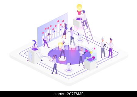 Team Working isometrische Vektor-Illustration. Gemeinsam neue Firma aufbauen. Unternehmenseinheit. Unternehmensmanagement. Zusammenarbeit und Partnerschaft. Online-Startup Cartoon konzeptionelle Design-Element Stock Vektor